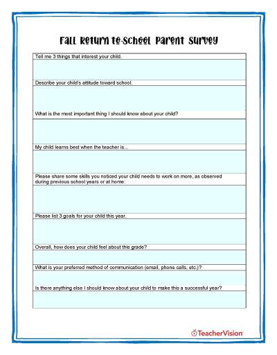 Editable Parent Questionnaire for Back to School 